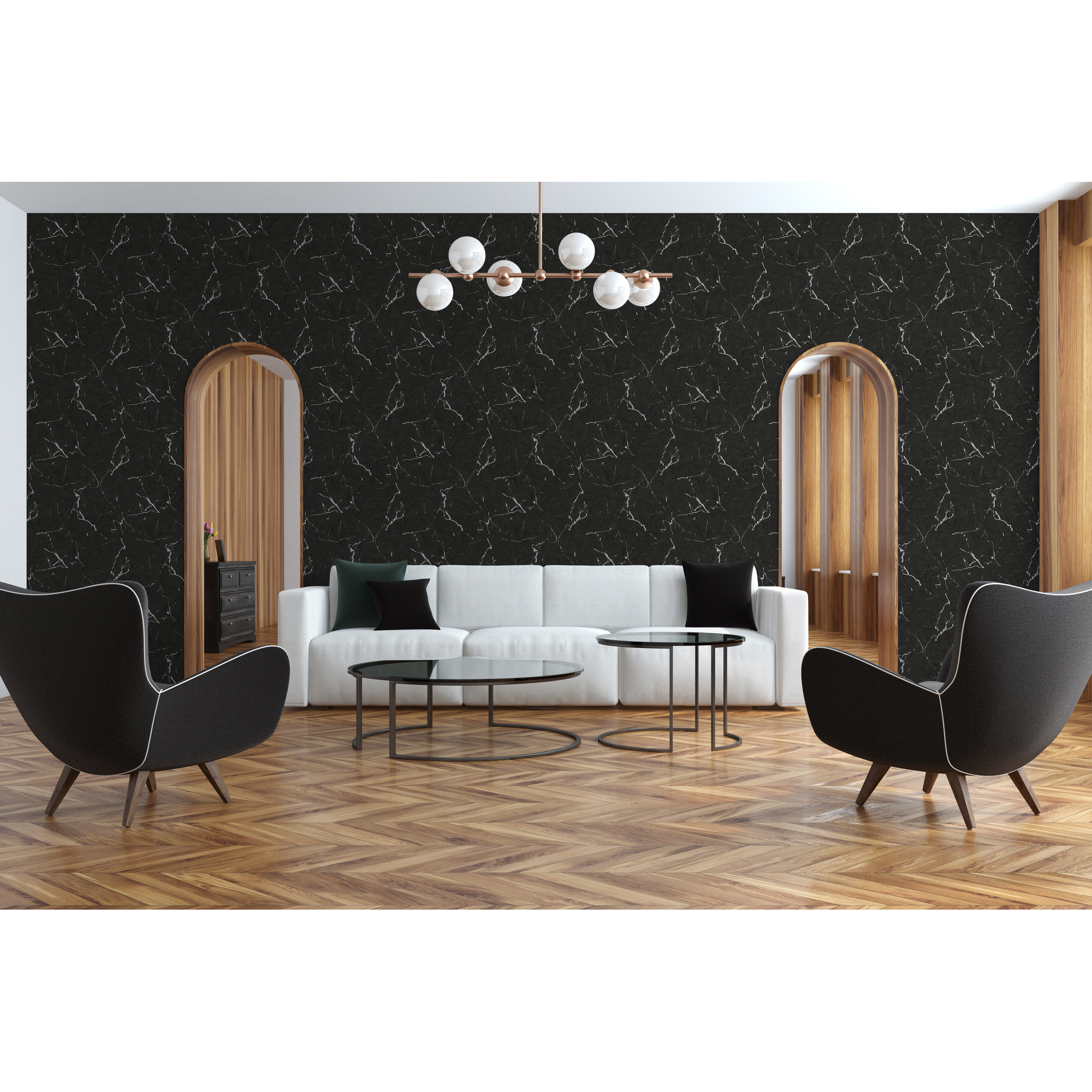 Wohnzimmer mit schwarzer Marmorwand und weißem Sofa