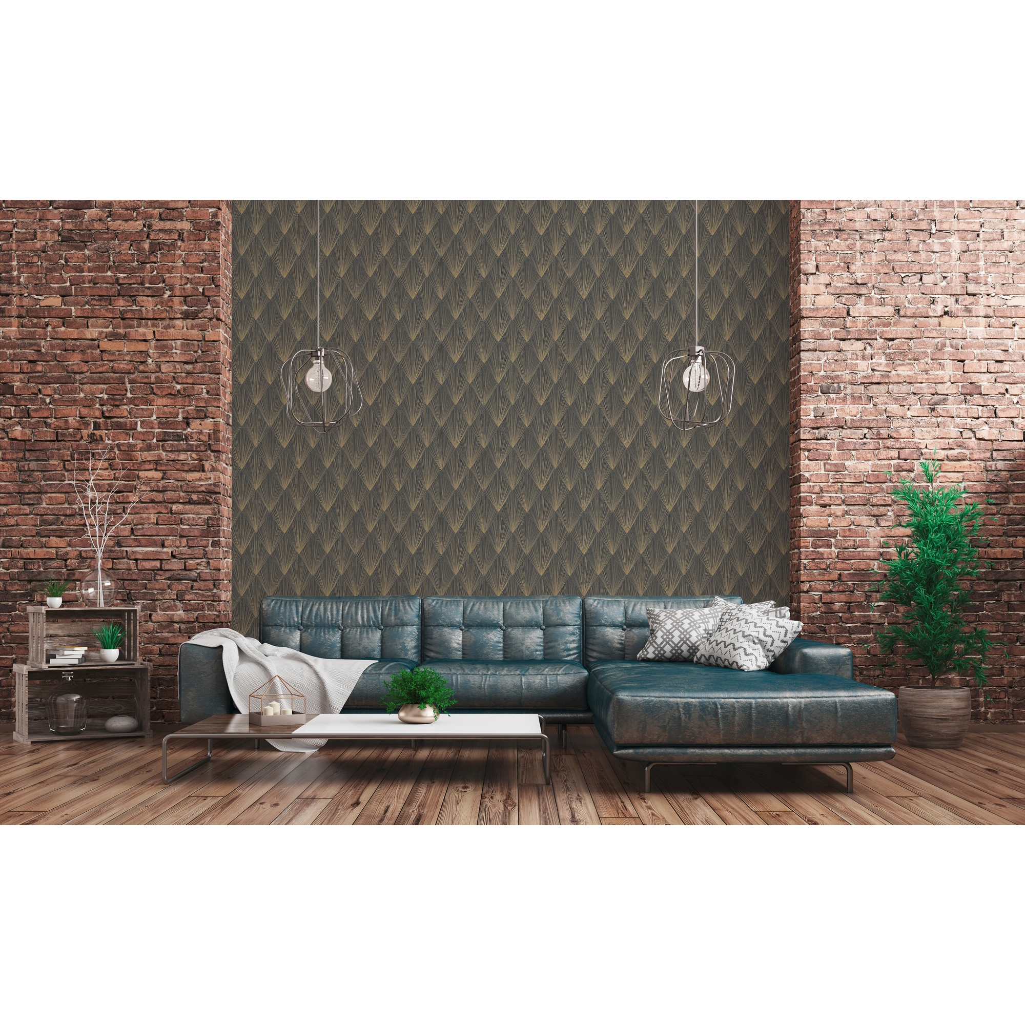 Wohnzimmer mit goldener Vliestapete Mesto 2
