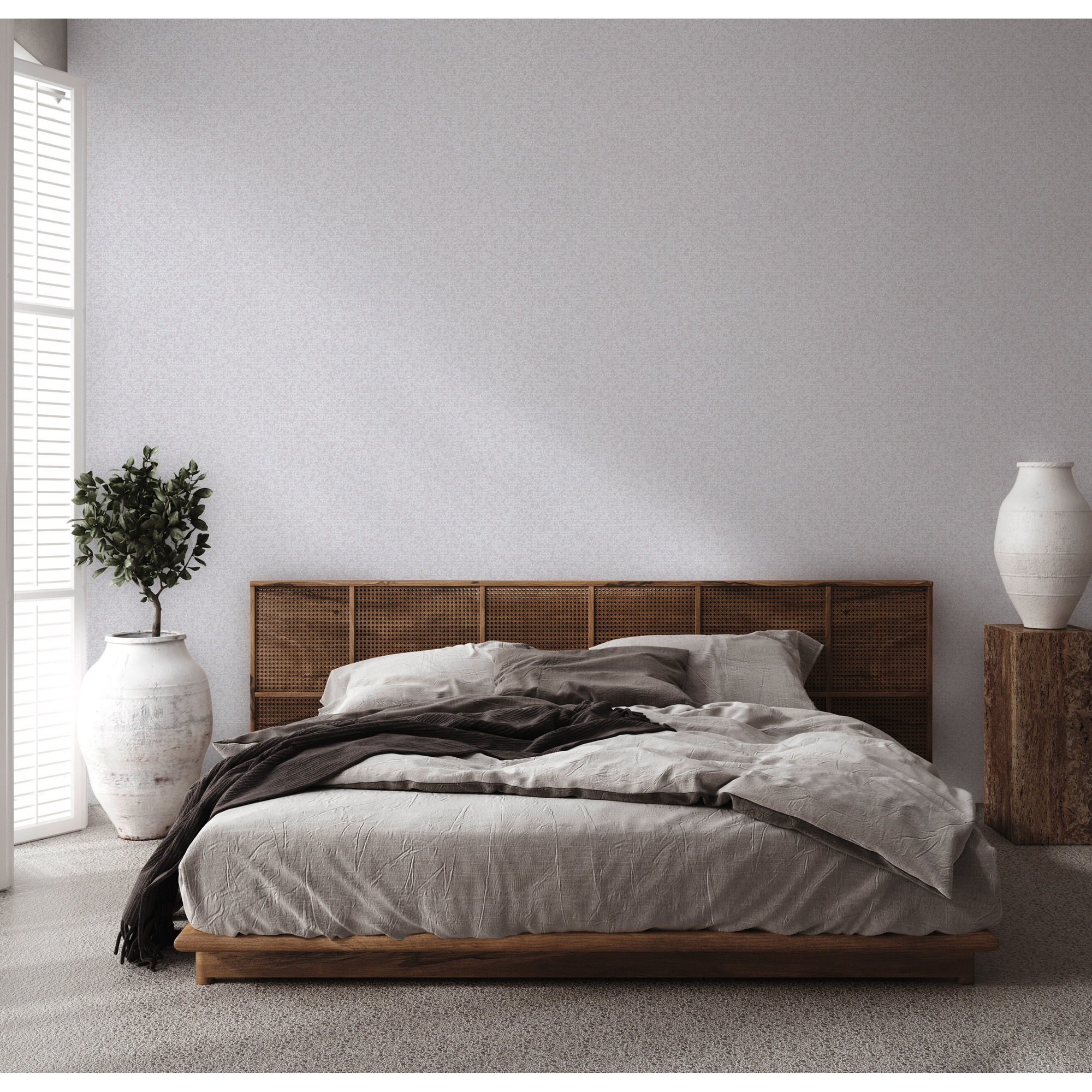 Schlafzimmer mit Bett und Vliestapete Mesto 2 Grafik creme