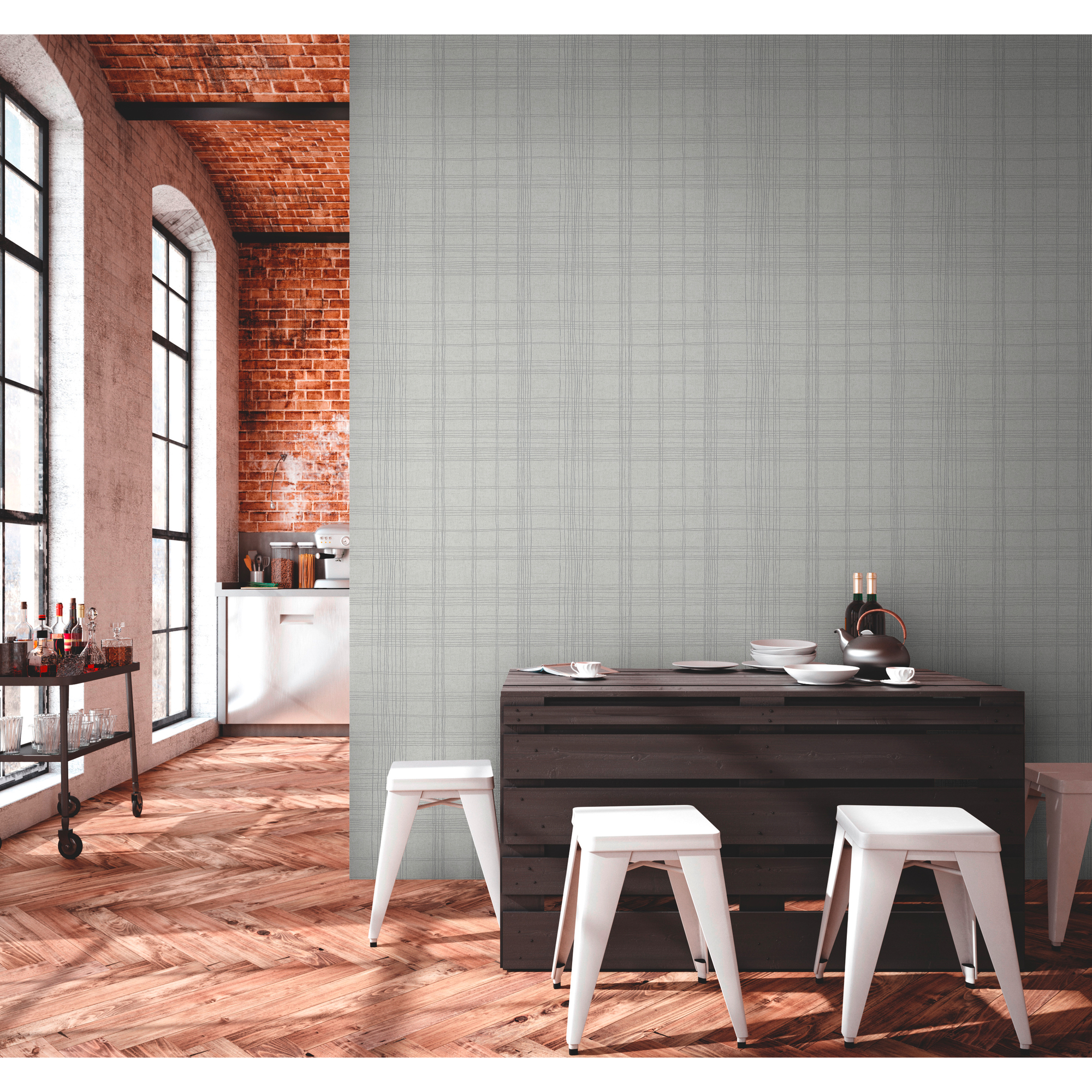 Vliestapete Mesto 2 Karo silber in einer modernen Küche