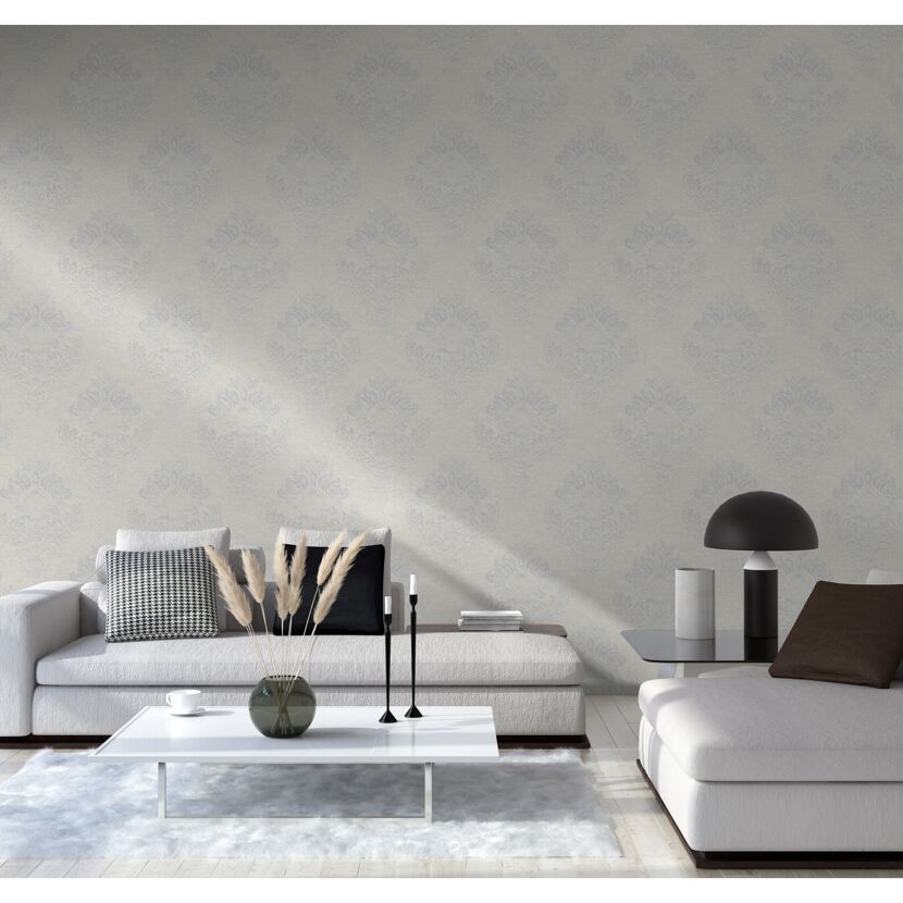 Wohnzimmer mit Vliestapete Mesto 2, Damask silber
