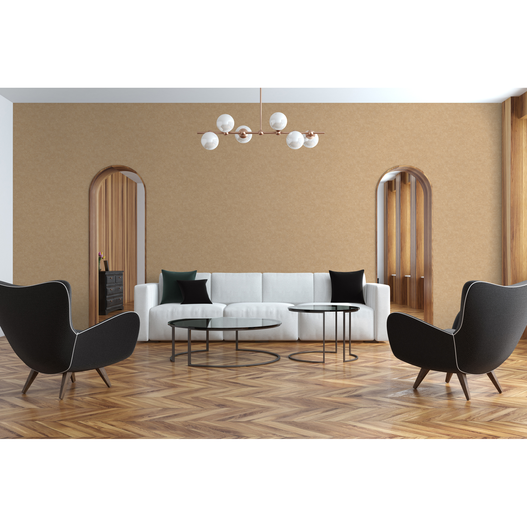 Wohnzimmer mit weißer Couch, zwei schwarzen Sesseln und goldener Vliestapete Mesto 2