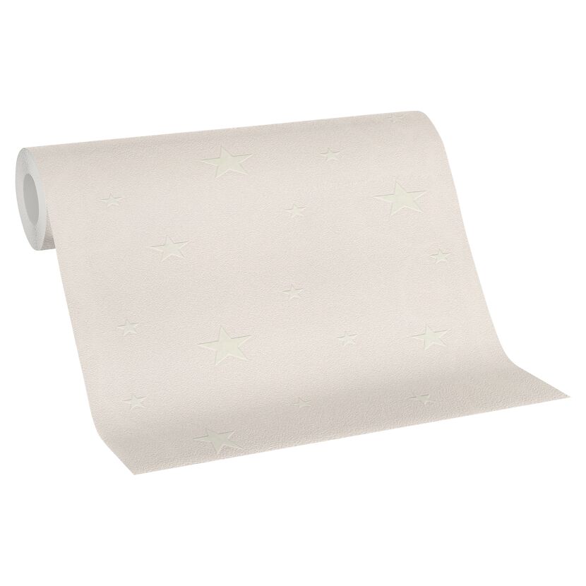 Beige Vliestapete "Day & Night" mit Sternenmuster aufgerollt.