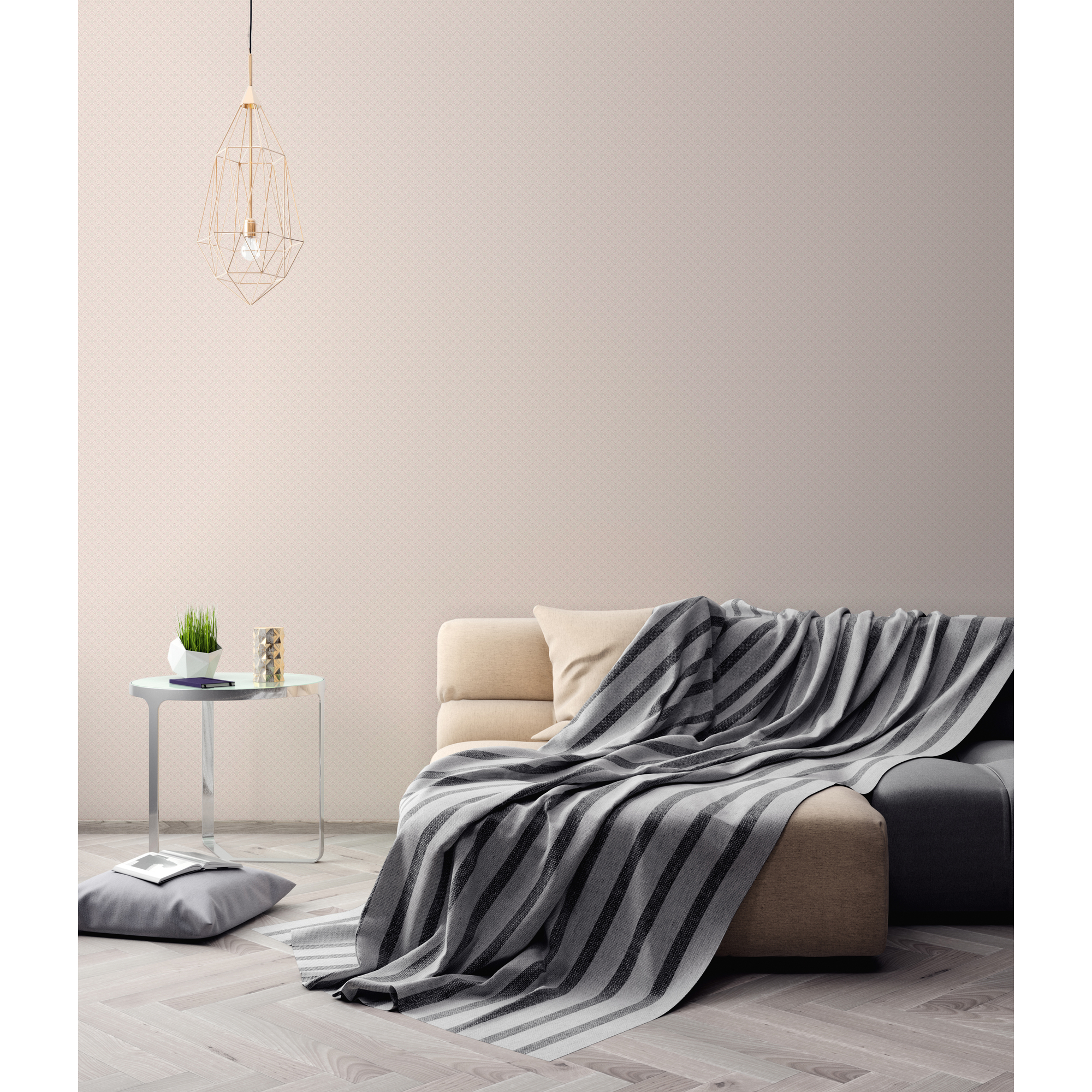 Gemütliches Wohnzimmer mit beigefarbenem Sofa, Decke und Beistelltisch