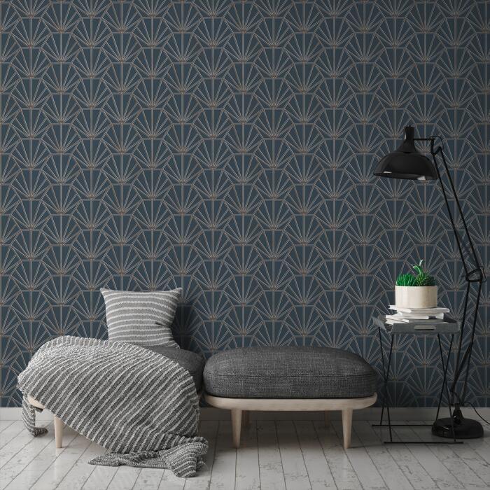 Livingwalls Vliestapete 'Daniel Hechter 6' Art Déco blau/gold 53 x 1005 cm