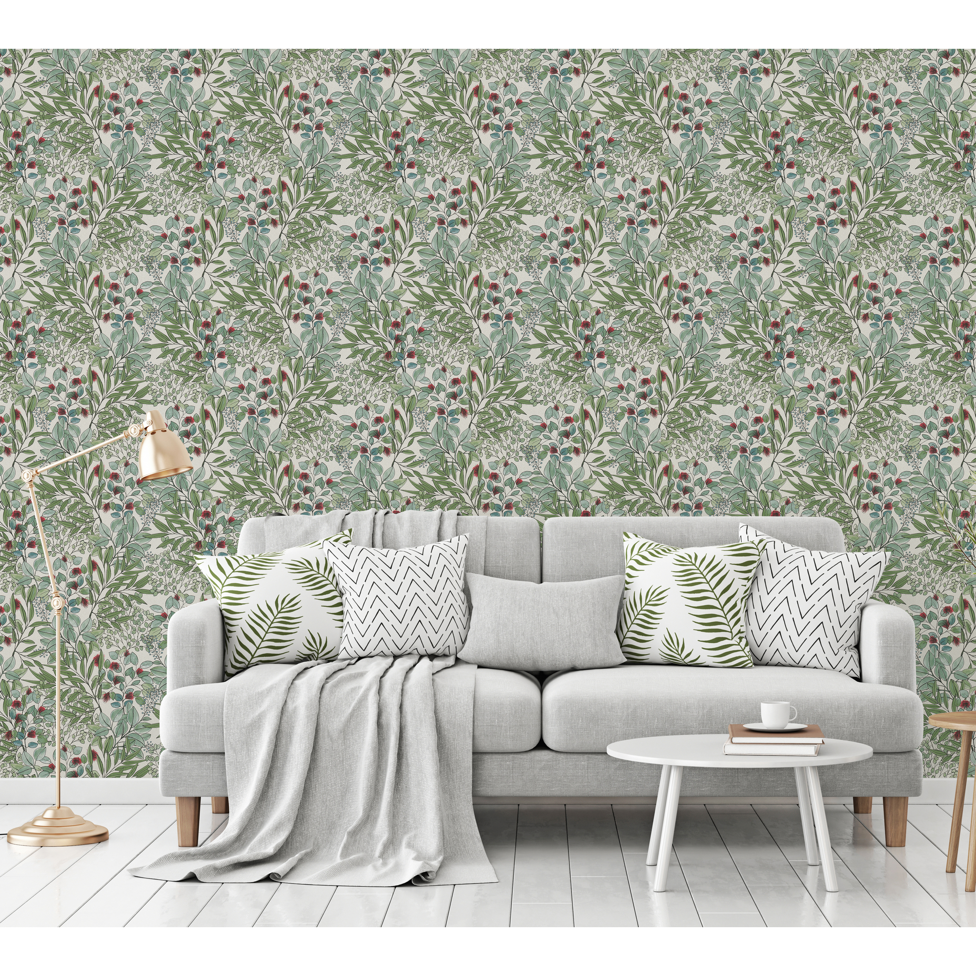 Wohnzimmer mit floral gemusterter Tapete