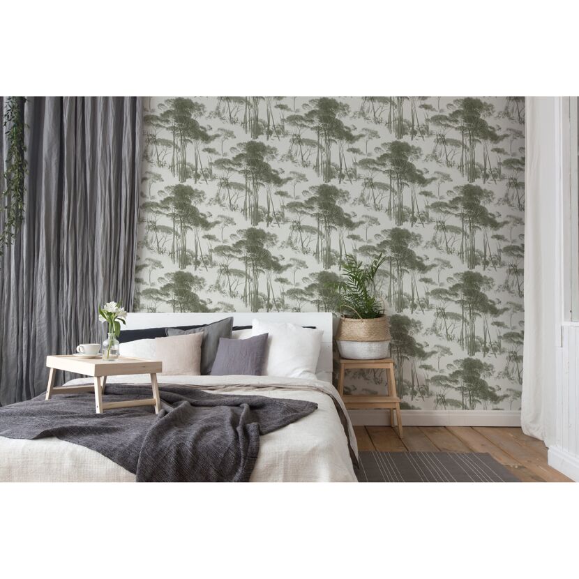 Schlafzimmer mit Waldtapete in grün