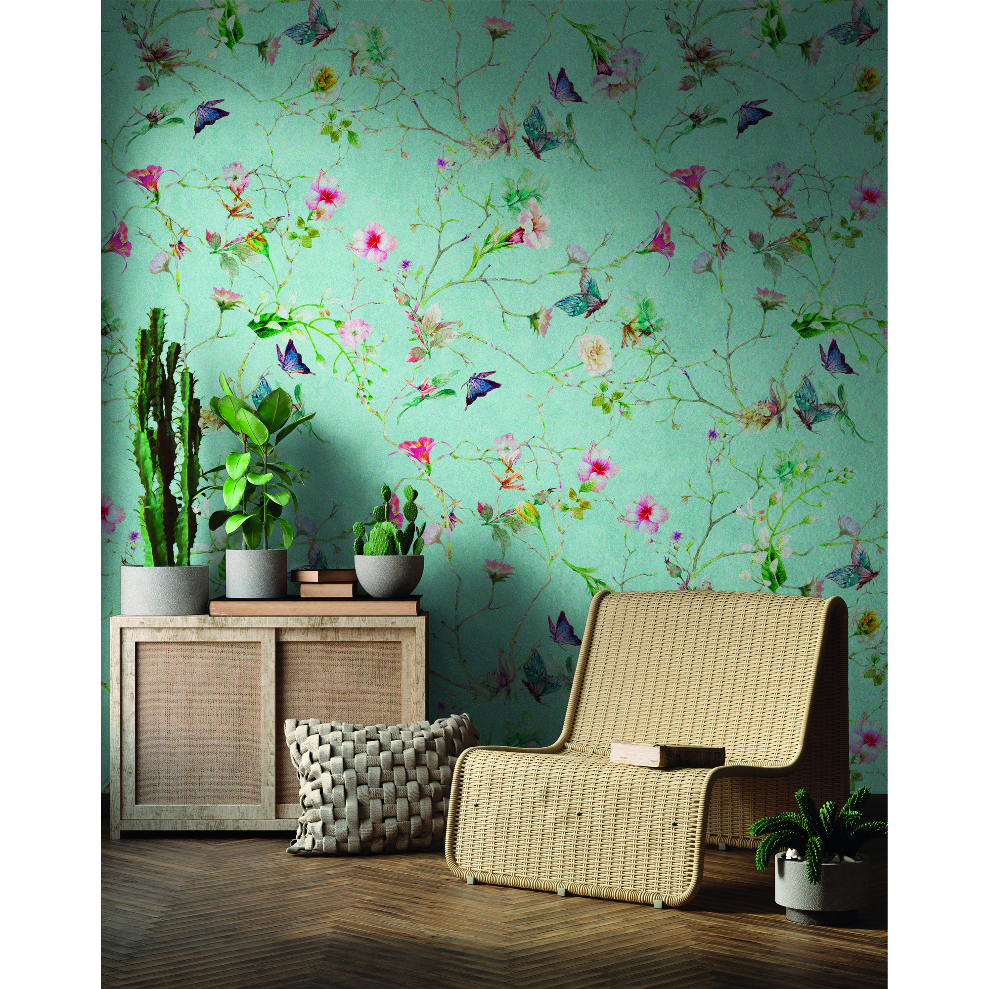 Vliestapete 'The Wall' Blumen 3er-Panel grün/rosa 159 x 280 cm + product picture