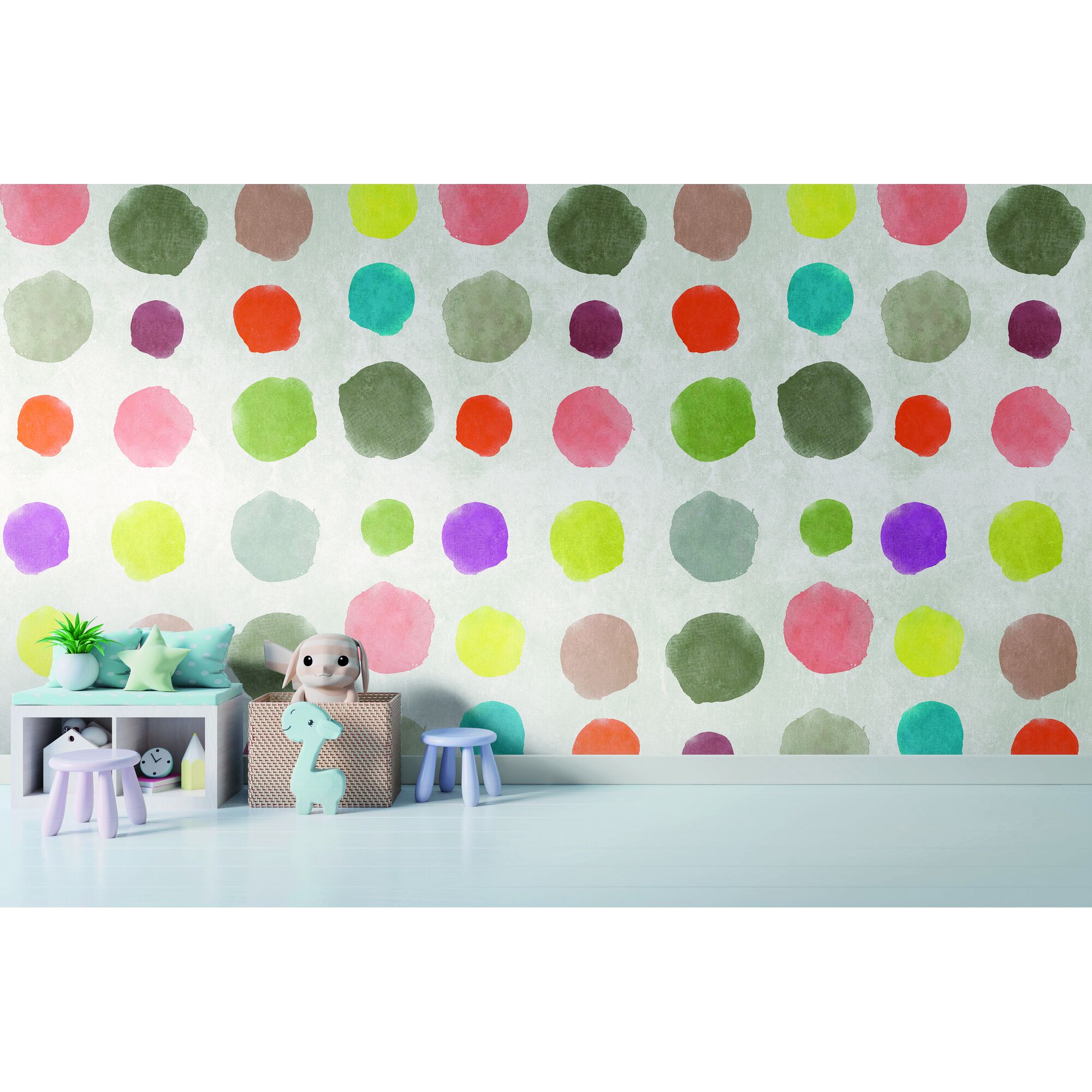 Kinderzimmer mit bunten Tupfern an der Wand