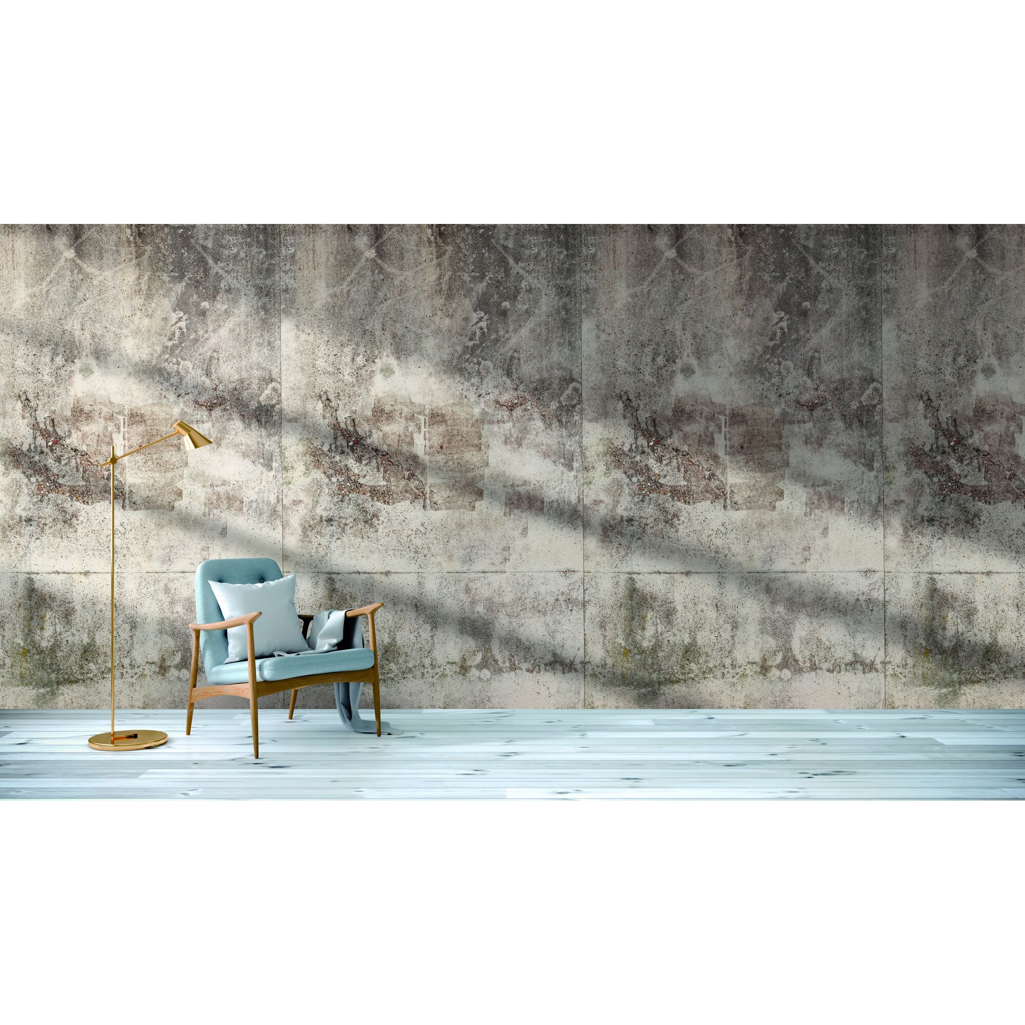 Sessel und Stehlampe vor Betonwand