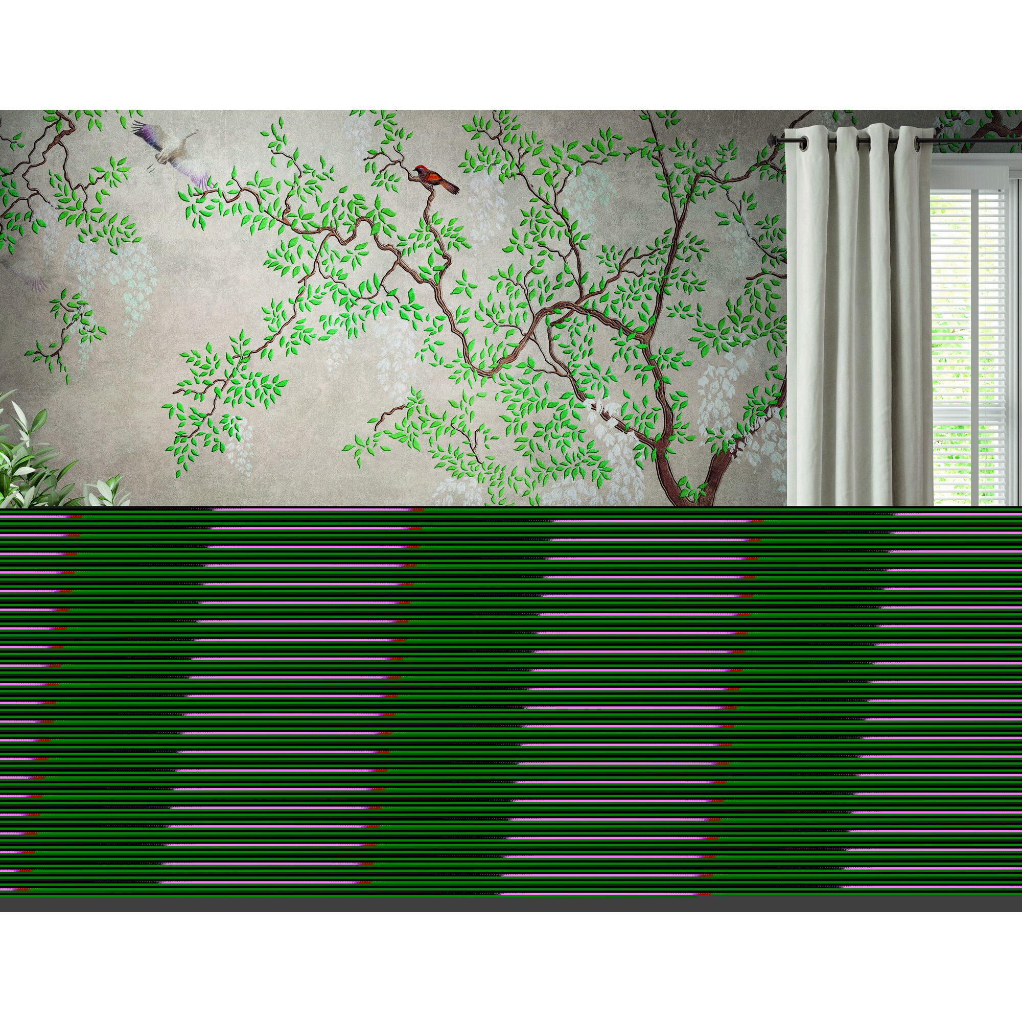 Wand mit grünem Blätter Design und Vögeln