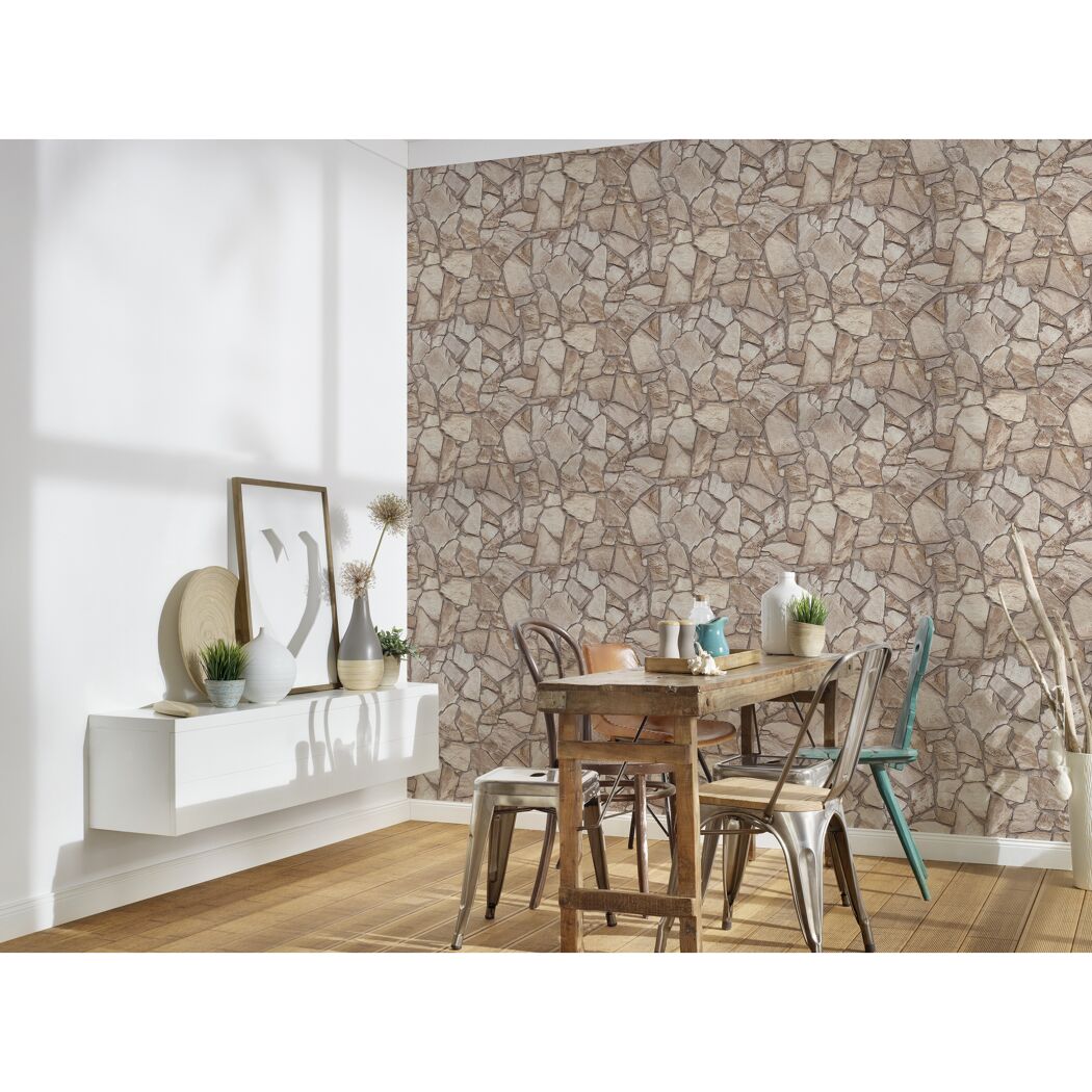 Beige Vliestapete "Terra" Bruchsteinoptik im Esszimmer