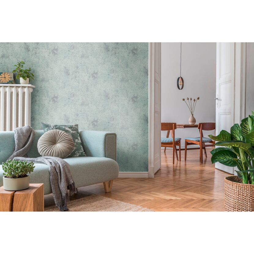 Wohnzimmer mit mintgrüner Vliestapete The BOS Uni