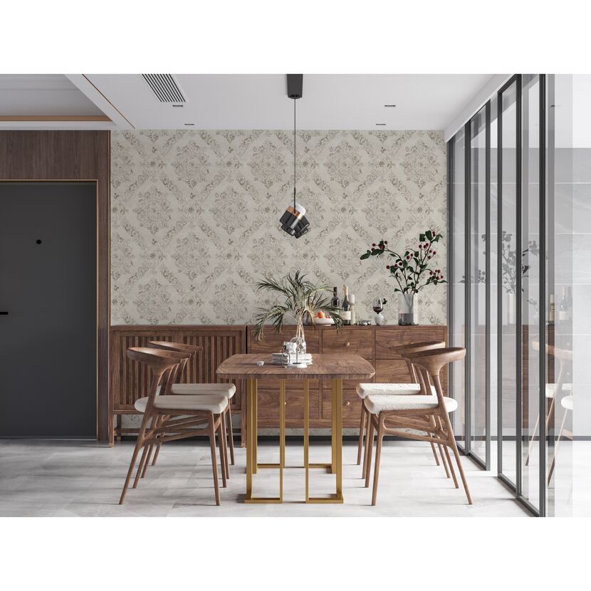 Esszimmer mit beiger Ornamenttapete