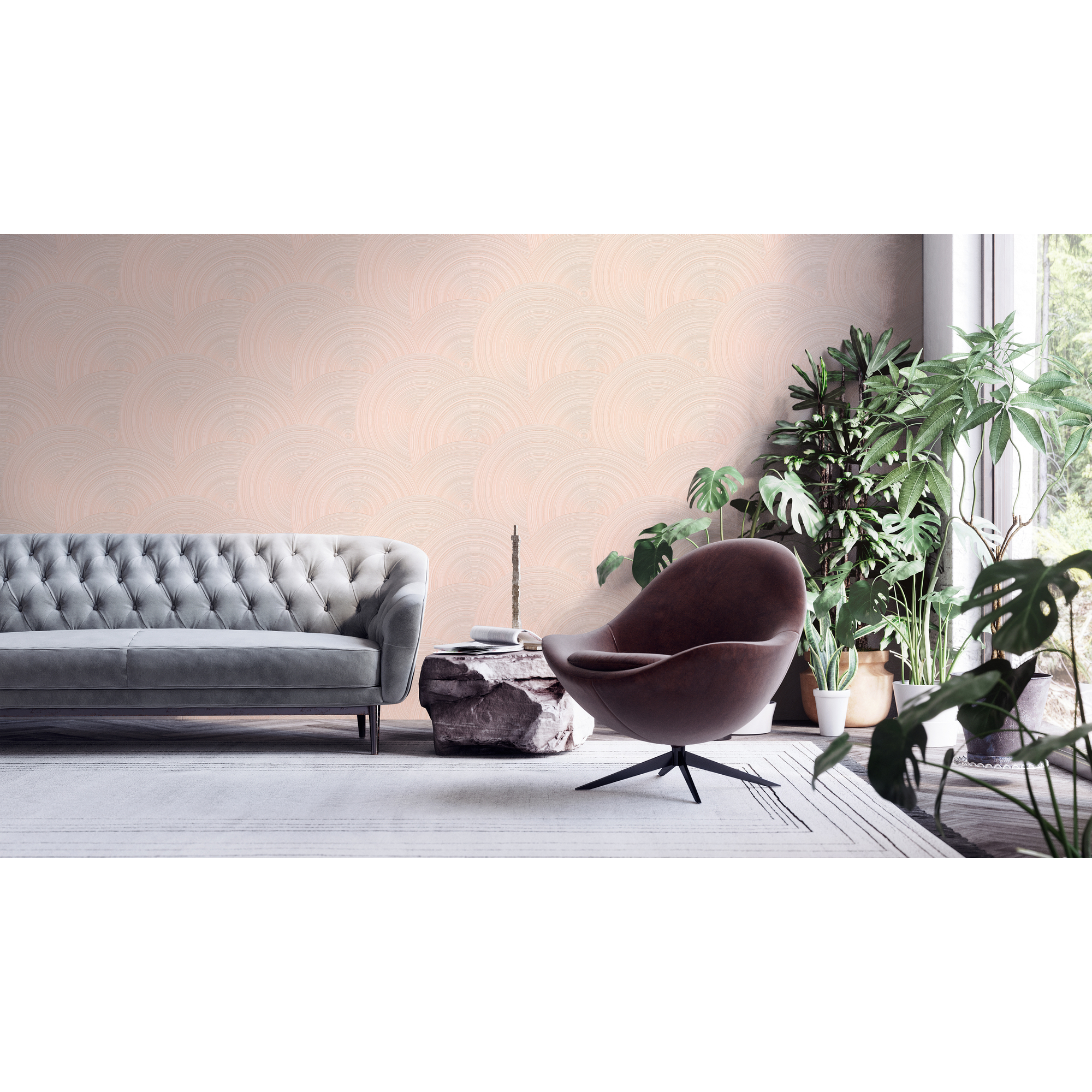 Wohnzimmer mit rosa gemusterter Tapete und modernen Möbeln