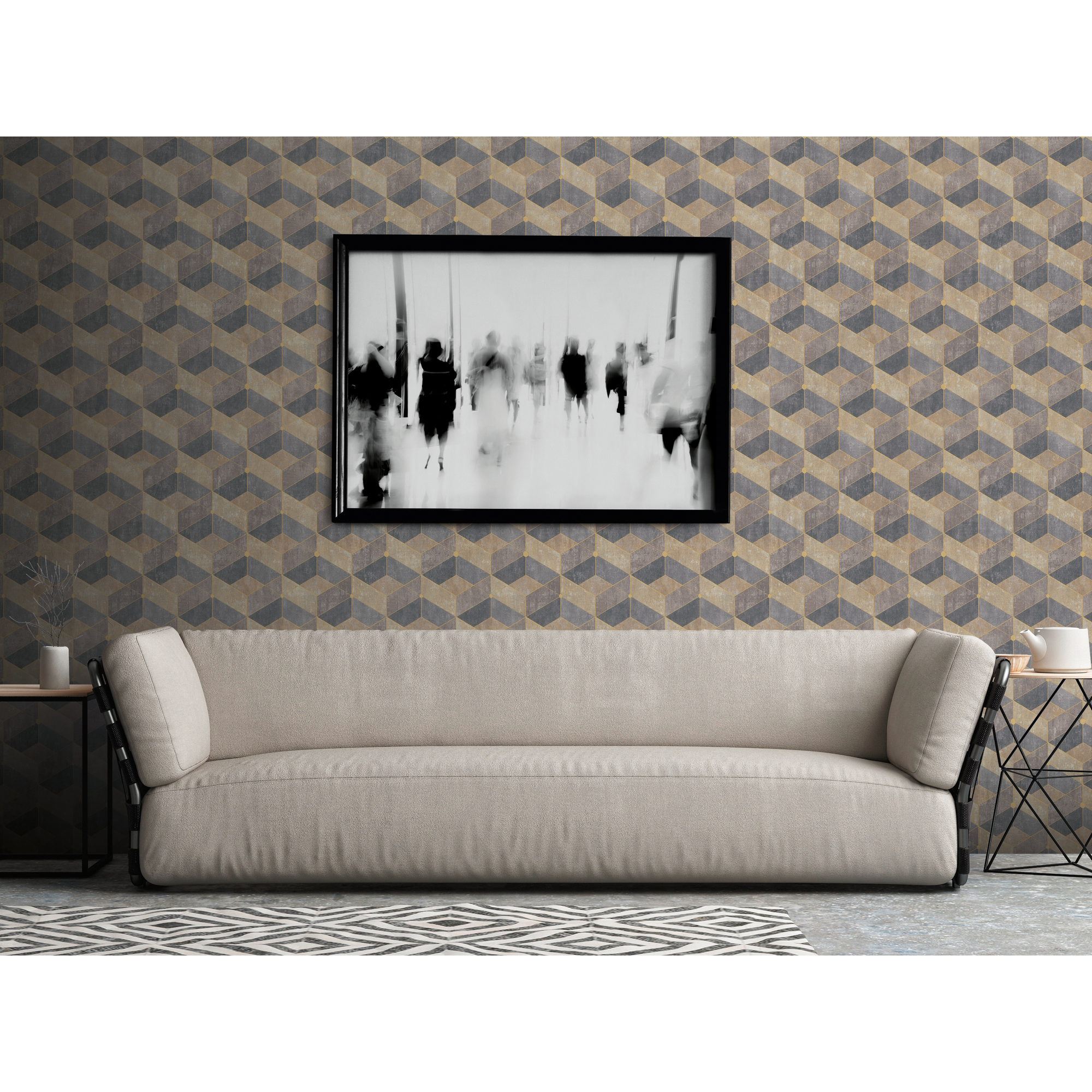 Wohnzimmer mit geometrisch gemusterter Tapete