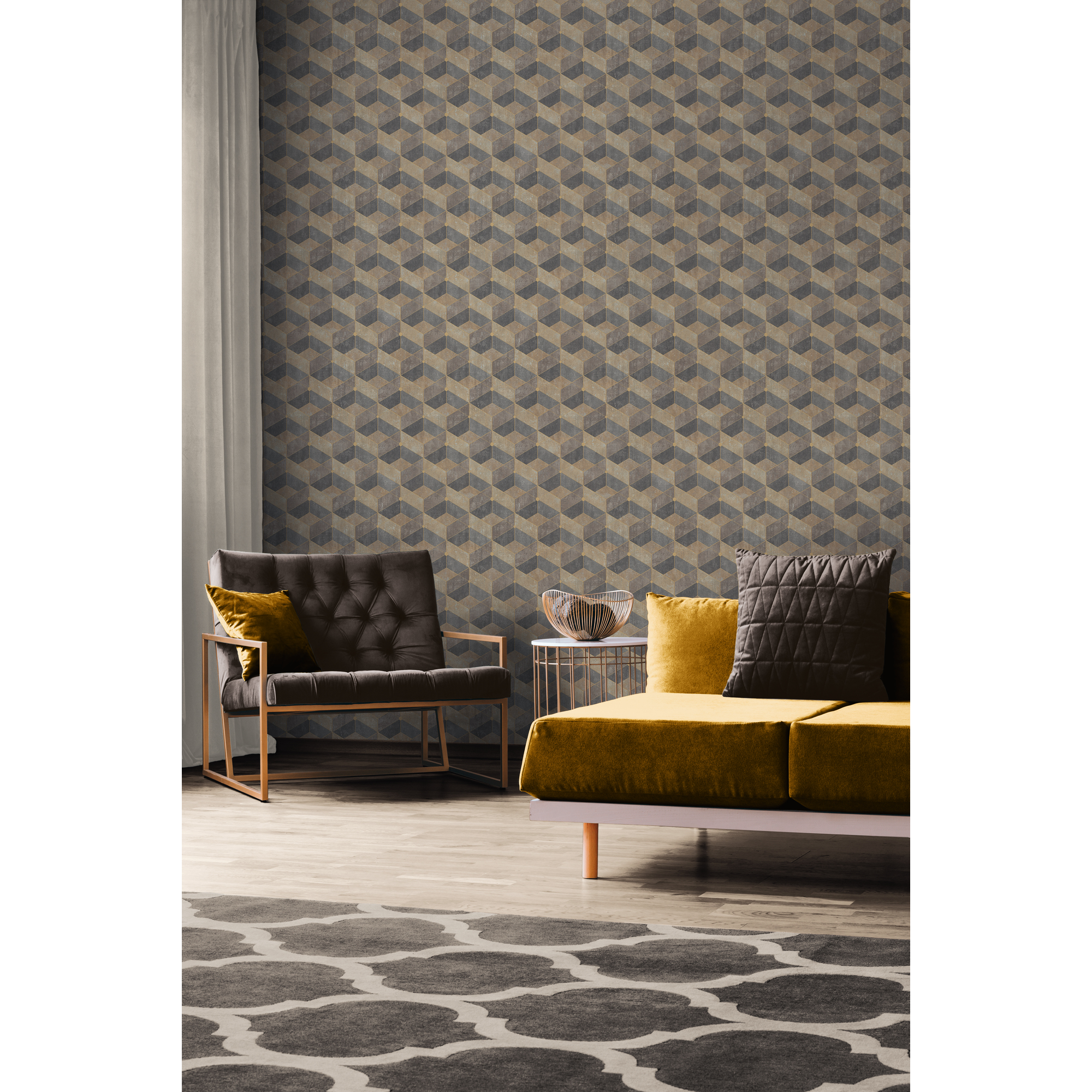 Wohnzimmer mit geometrisch gemusterter Tapete