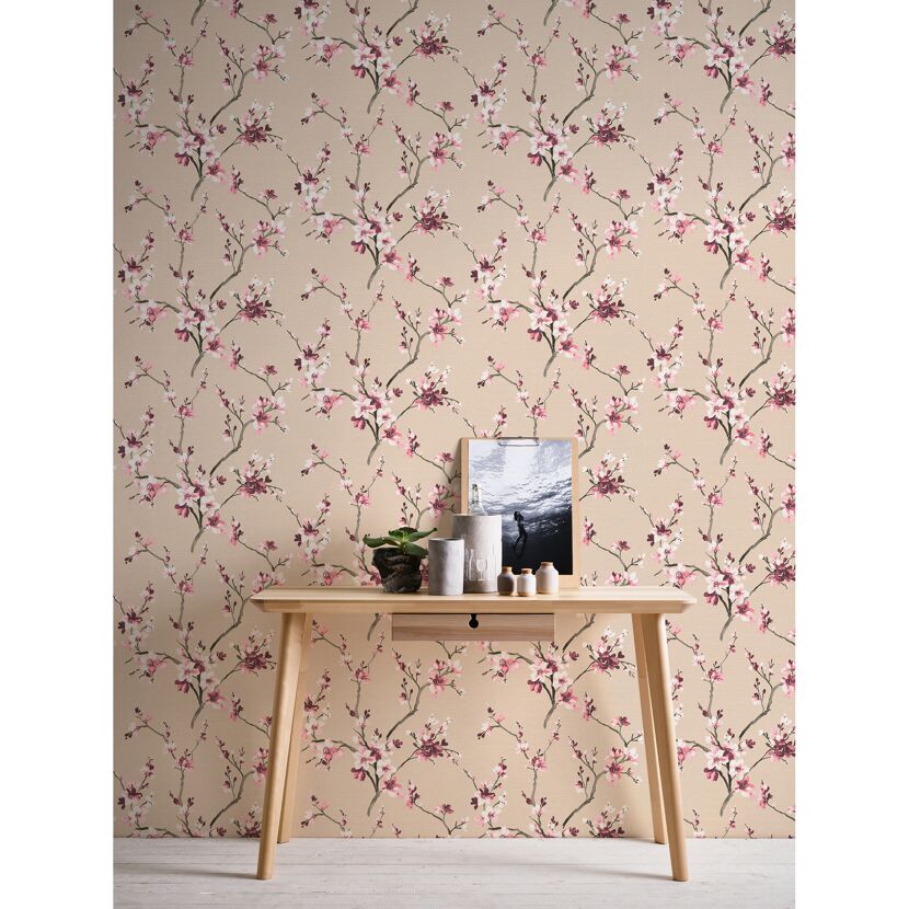 Beige Vliestapete mit rosa Kirschblüten