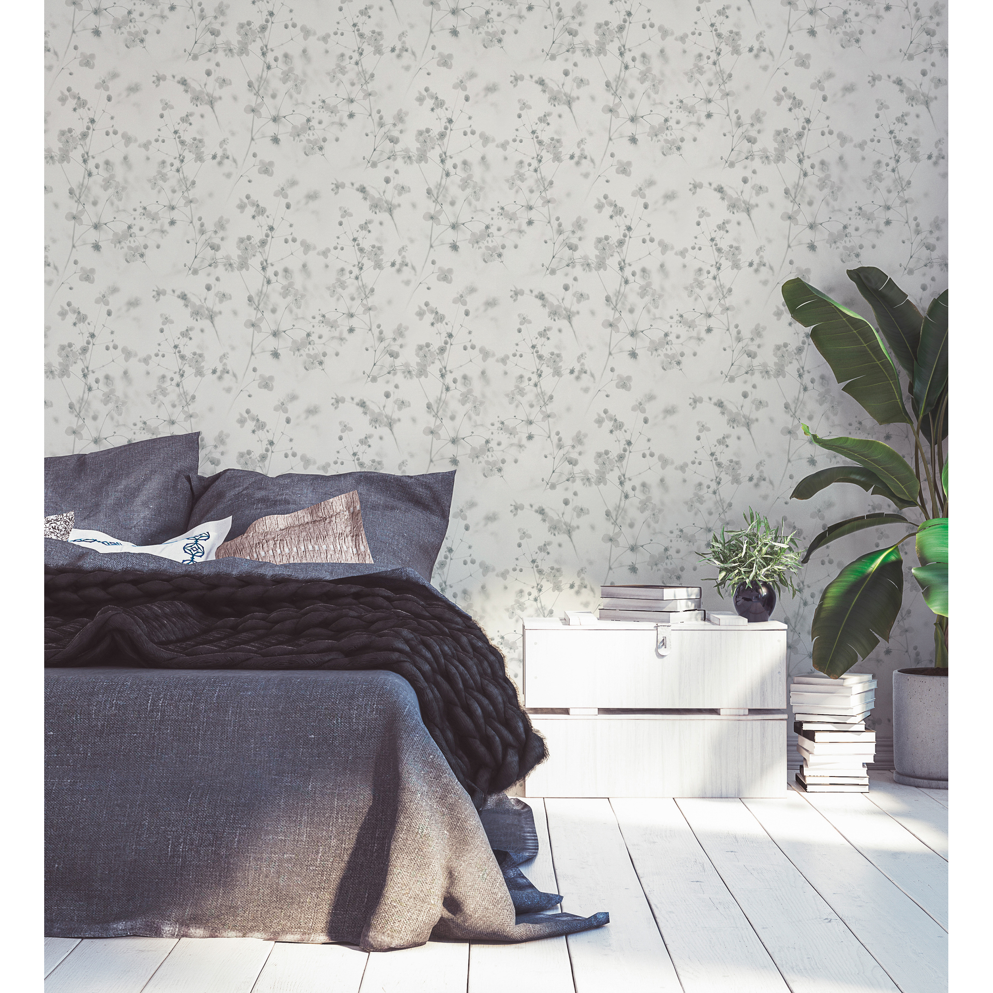 Schlafzimmer mit grauer Blumentapete