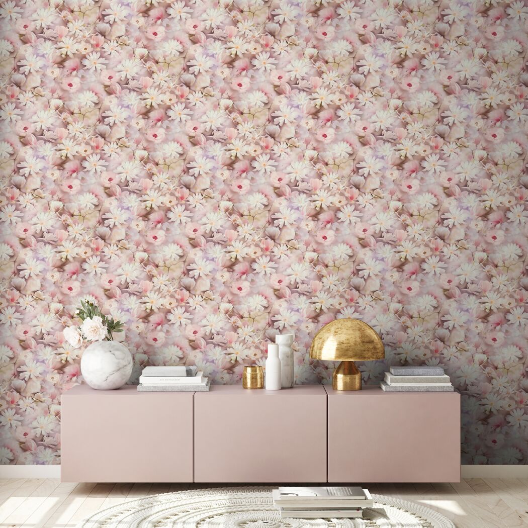 Blumenmustertapete in Rosa und Weiß