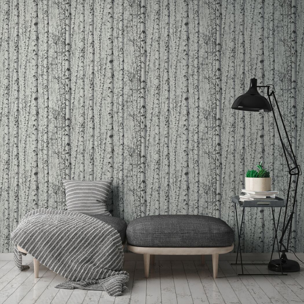 Wohnzimmer mit Birkenwaldtapete