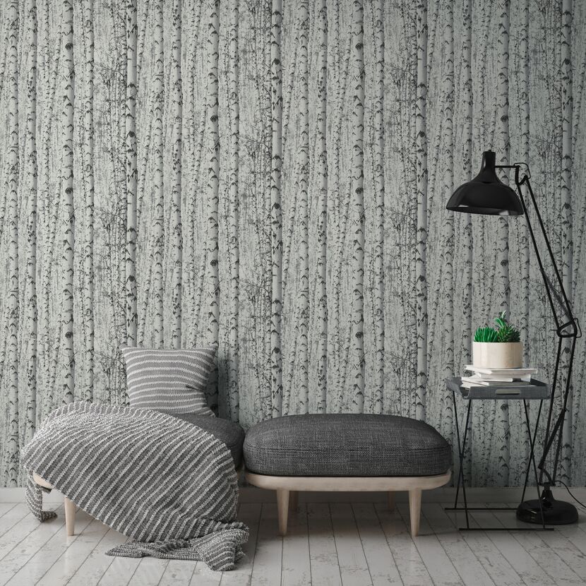 Wohnzimmer mit Birkenwaldtapete