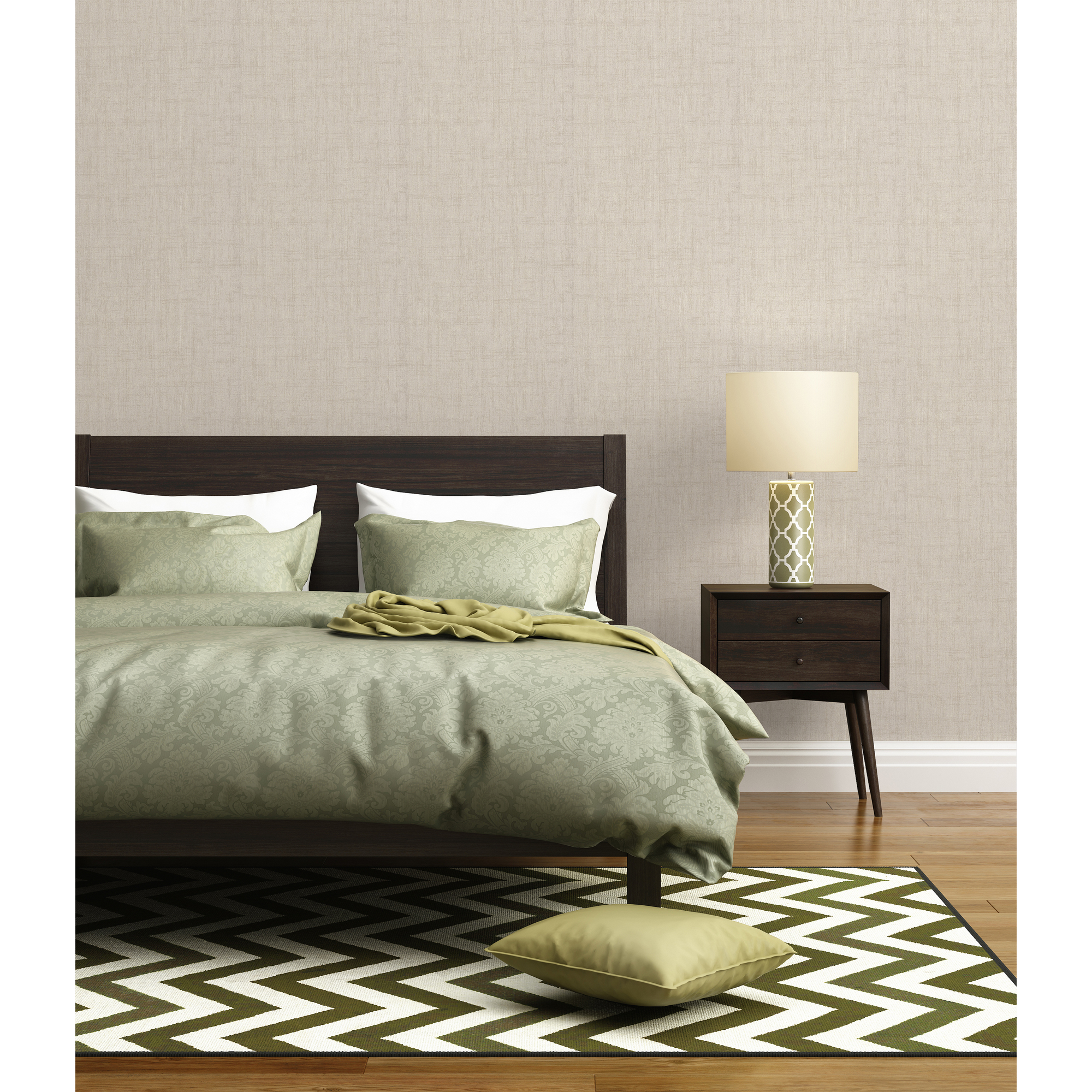 Modernes Schlafzimmer mit Bett, Nachttisch und Teppich