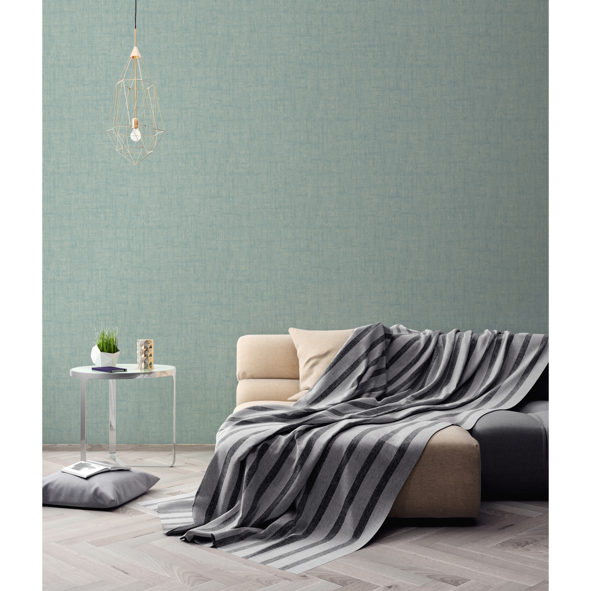 Wohnzimmer mit hellblau-grünlicher Tapete