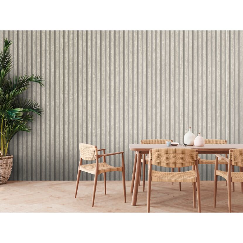 Esszimmer mit grauer Holzpaneelwand