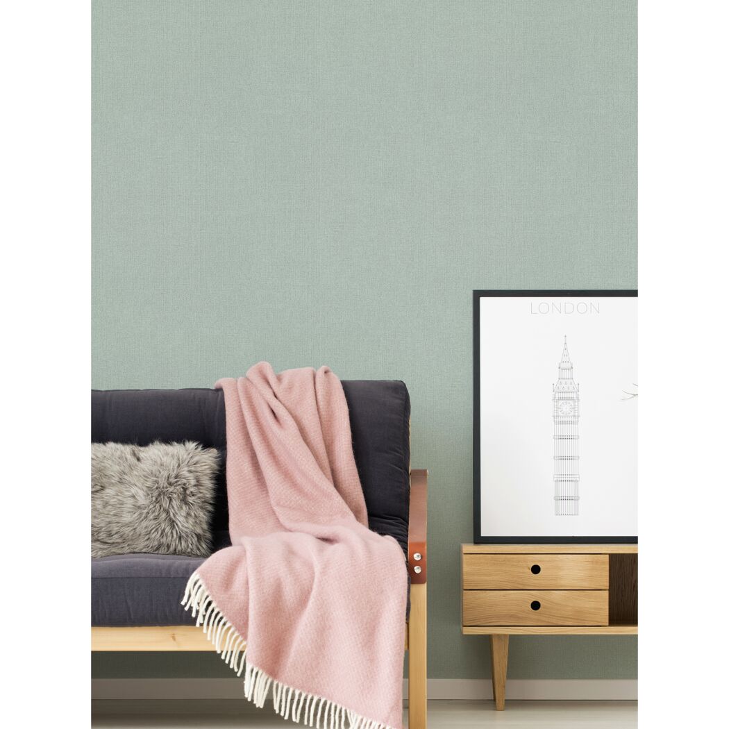 Wohnzimmer mit mintgrüner Vliestapete Hygge 2 Uni Leinen