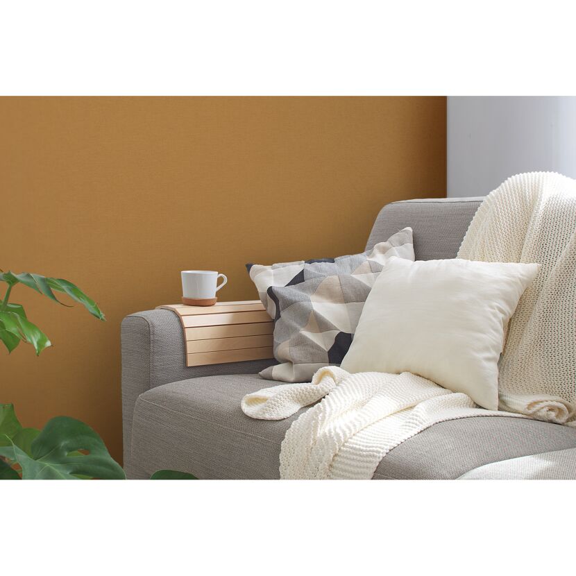 Sofa mit Kissen und Decke, Tasse auf einem Tablett