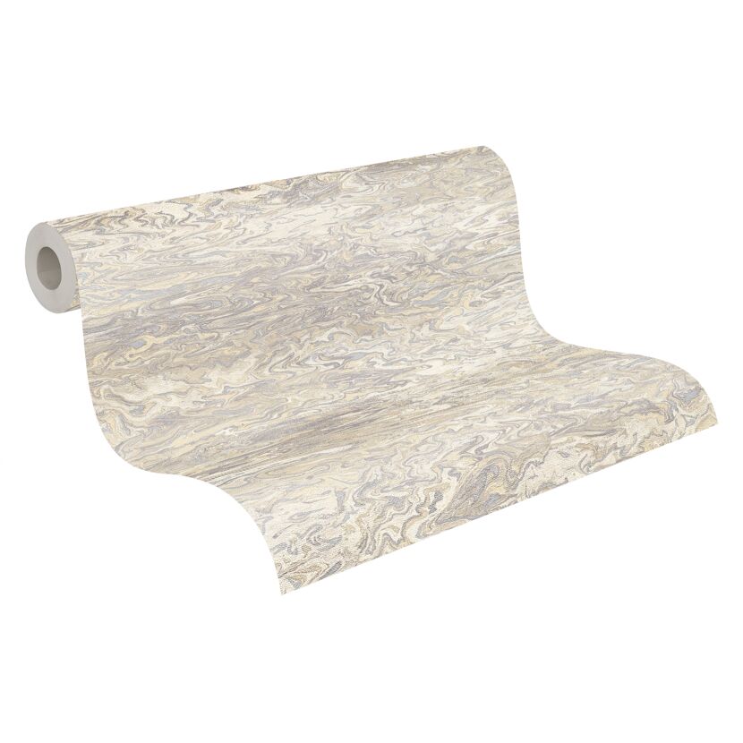 Beige-graue Vliestapete mit Marmormuster aufgerollt