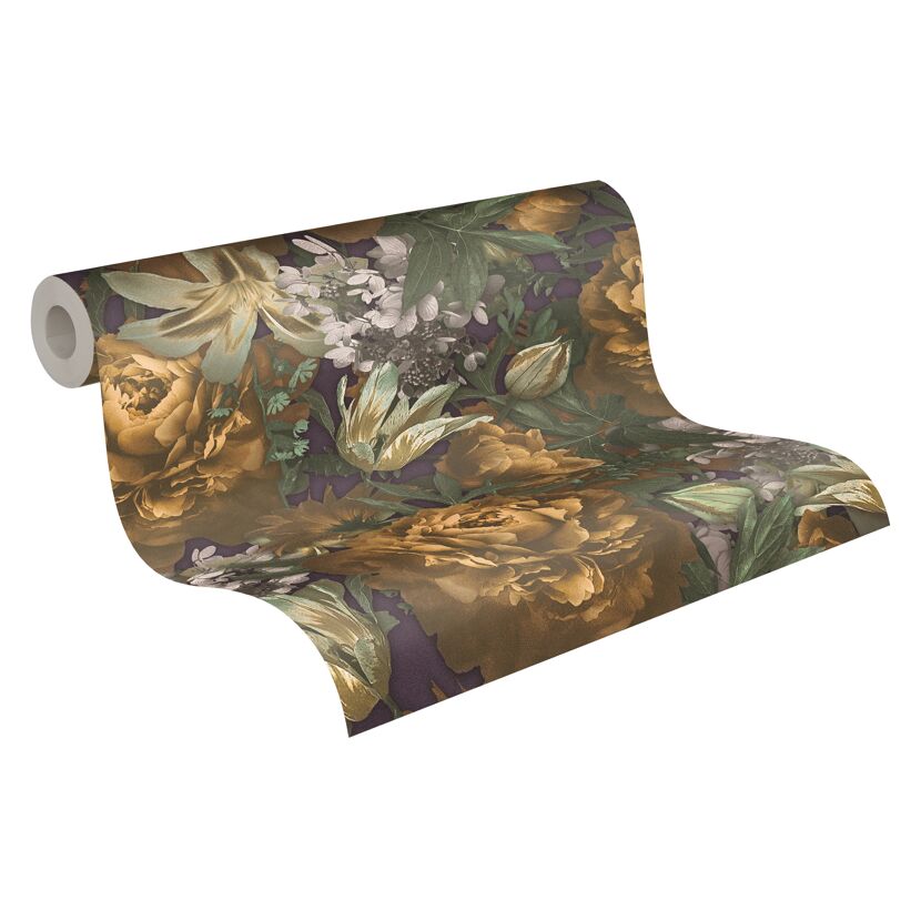 Rolle Tapete mit goldenen Pfingstrosen auf violettem Grund