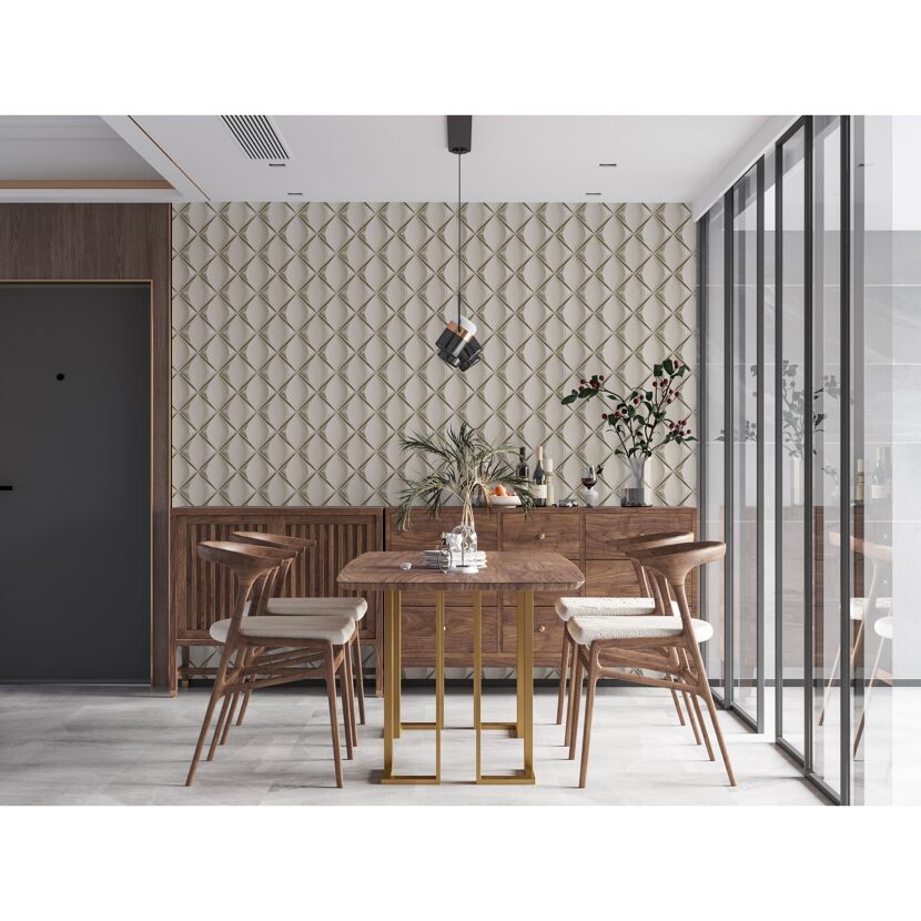 Esszimmer mit gemusterter Tapete und Holzmöbeln