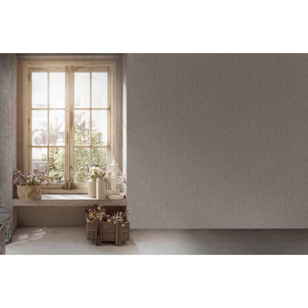 Fensterbank mit Blumen und Deko, Vliestapete Betonoptik an der Wand