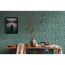 Esszimmer mit grafisch gemusterter Tapete in Petrol und Beige