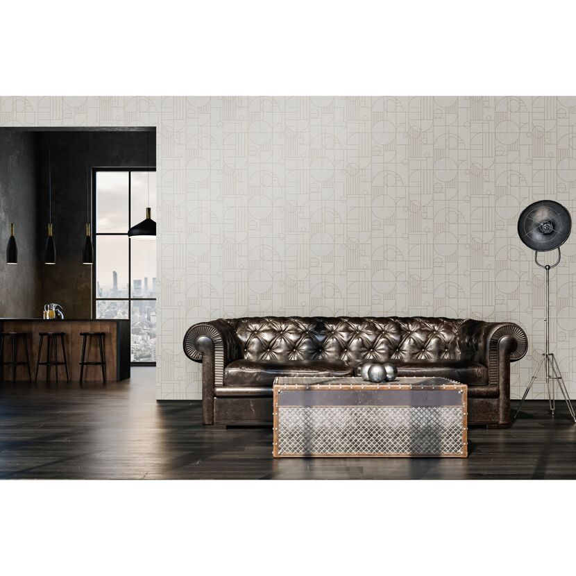 Wohnzimmer mit beigefarbener Vliestapete Art Deco
