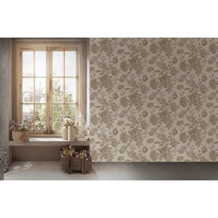 Vliestapete mit Rosenmuster in Beige und Gold