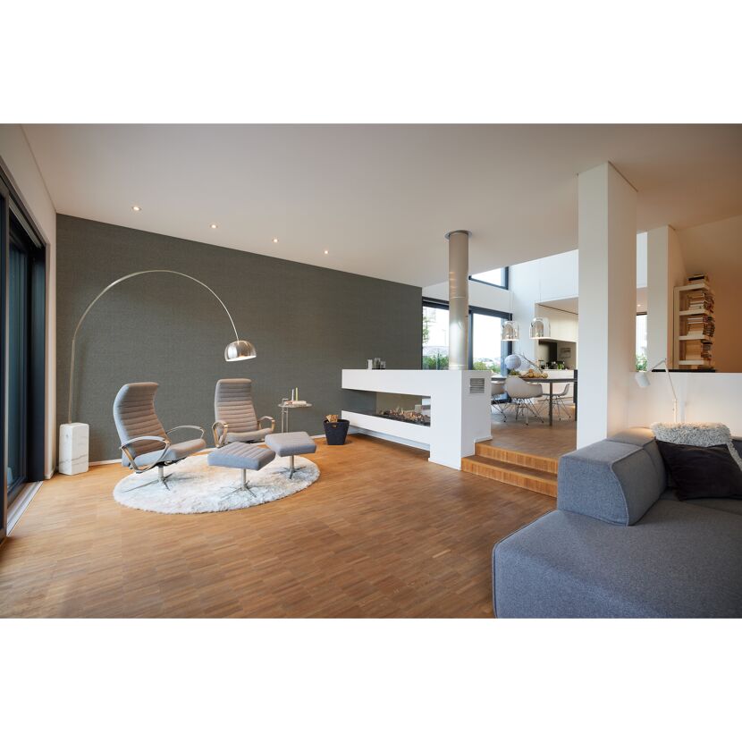 Modern eingerichtetes Wohnzimmer mit Kamin