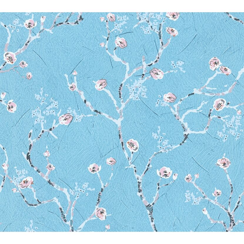 Hellblaue Vliestapete mit Kirschblüten