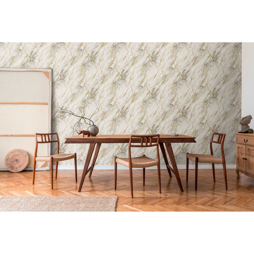 Esszimmer mit gold-grauer Marmor-Tapete