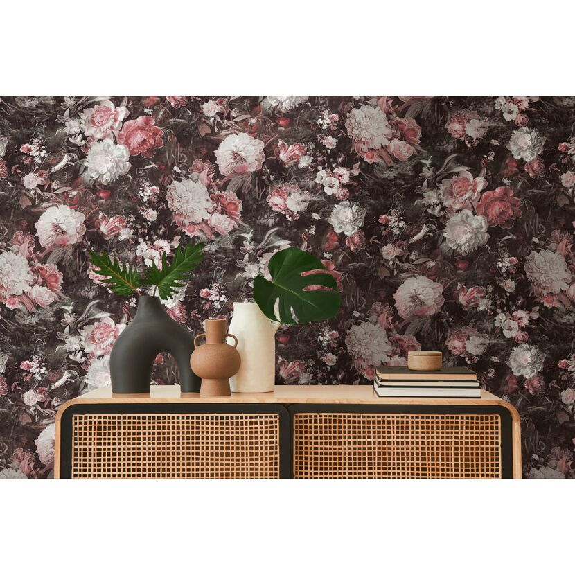 Vintage Blumentapete mit Rosen und Pfingstrosen