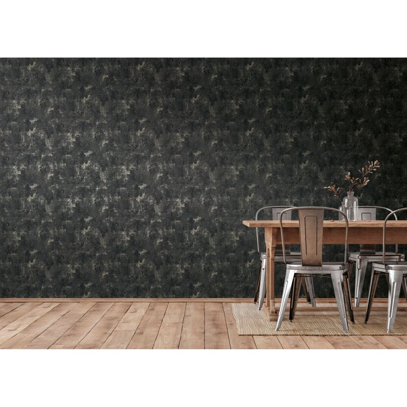 Esszimmer mit schwarz-goldener Vliestapete The BoS Betonwand
