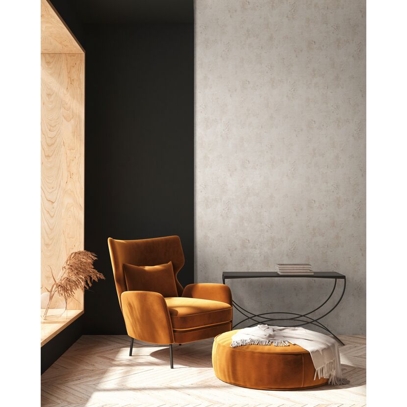 Senfgelber Sessel mit Hocker und Tisch