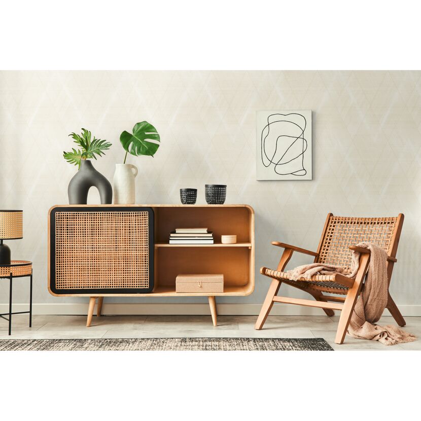 Wohnzimmer mit Vliestapete The BoS Rautenmuster