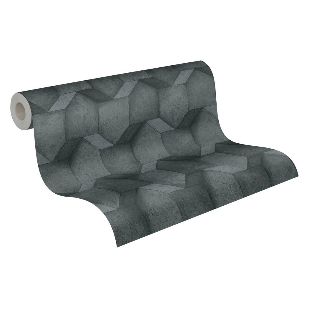 Graue Vliestapete The BoS mit 3D-Betonoptik aufgerollt