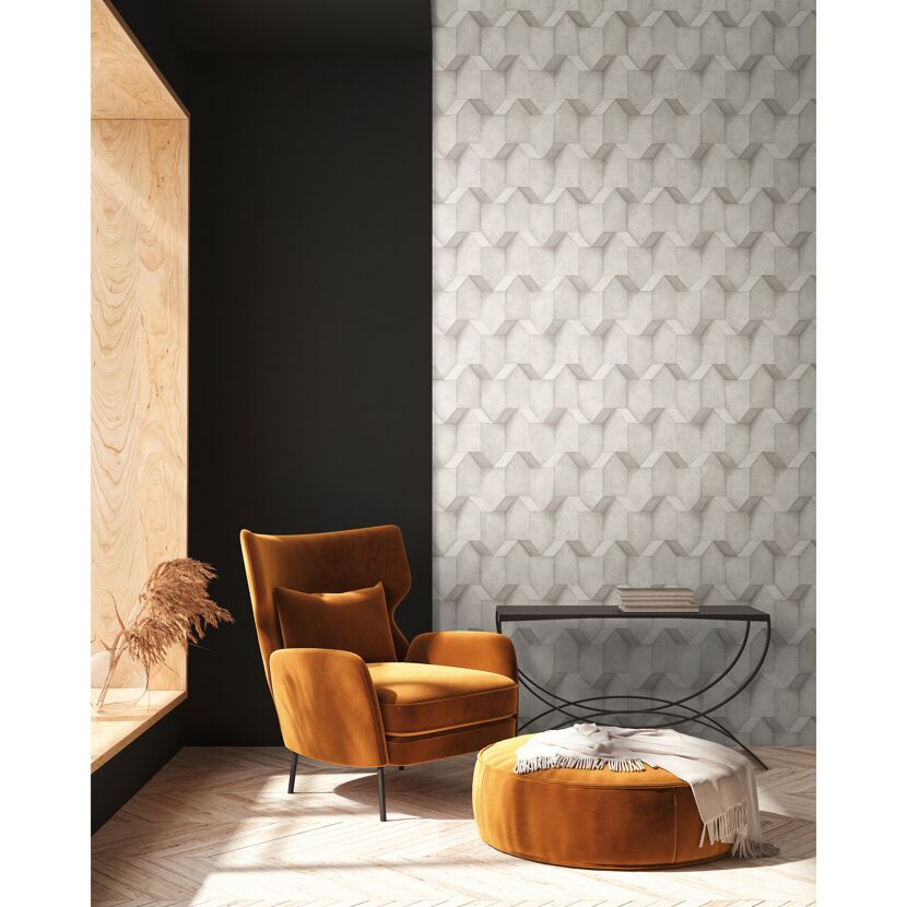 Gemütliches Wohnzimmer mit senfgelbem Sessel und Hocker, 3D-Tapete