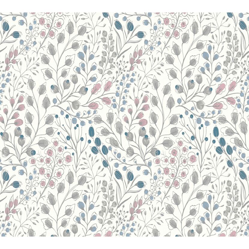 Blumenmuster in Rosa, Blau und Grau auf Weiß.