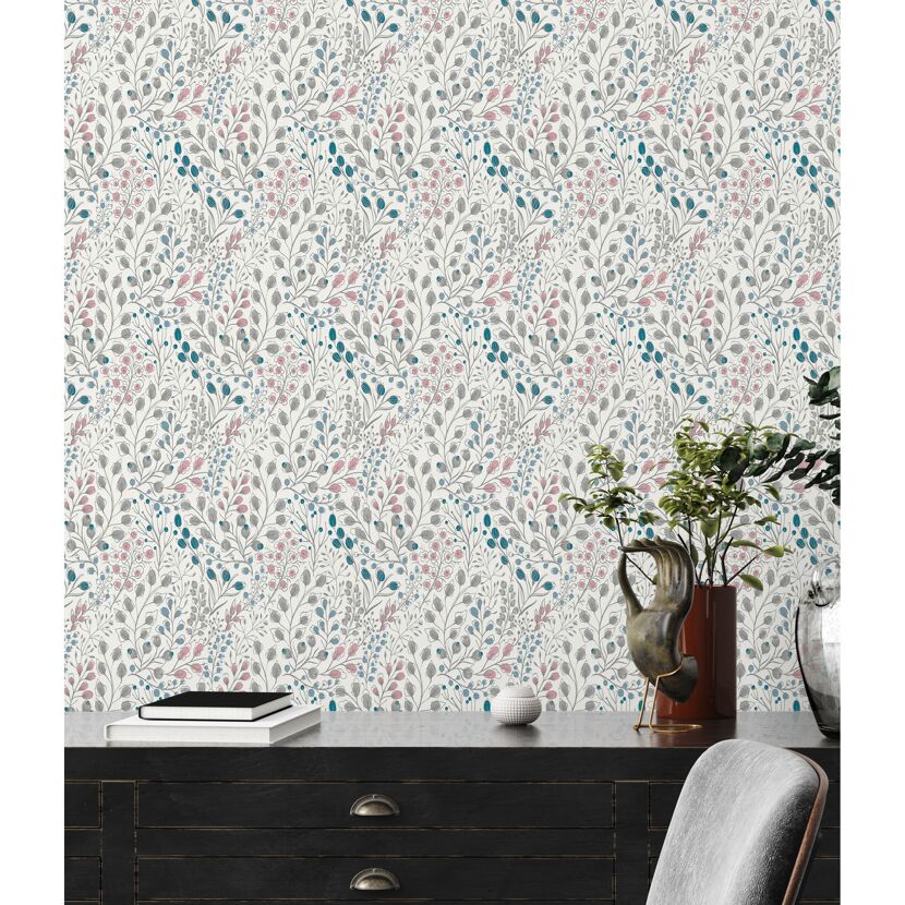 Tapete mit grau-blau-rosa Blümchenmuster