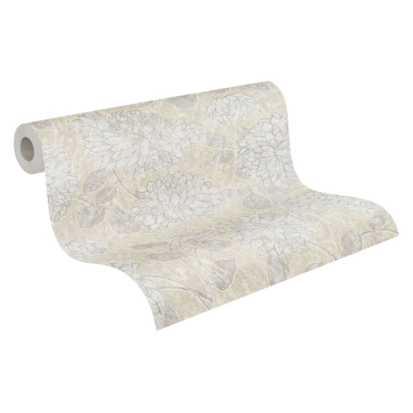 Beige Vliestapete mit grauem Blumenmuster auf einer Rolle